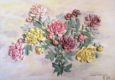 Bouquet of Tenderness - floral relief painting print - peonies thumb