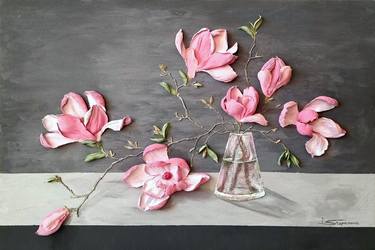 Pink Magnolia in a glass vase/Relief still-life/Branch of flowers thumb