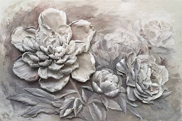 Peonies sculptural painting-neutral color relief silver landscape thumb