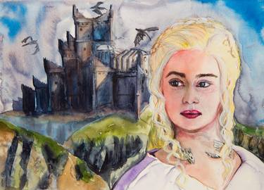 Daenerys Targaryen with a castle and dragons in the background. Game of Thrones. Watercolor illustration. thumb