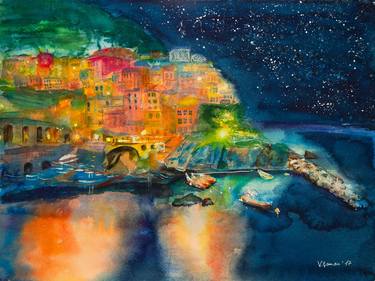 The beautiful coast of the Italian Riviera, the town on the rock of the Cinque Terre, the Ligurian coast. Night landscape. Watercolor. thumb