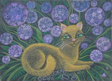 Red cat in lilac flowers thumb