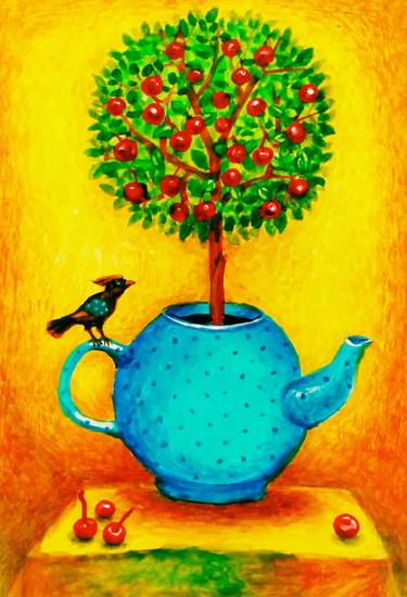 blue teapot with cherry tree thumb