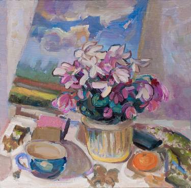 Still life with a cyclamen and a blue cup. thumb