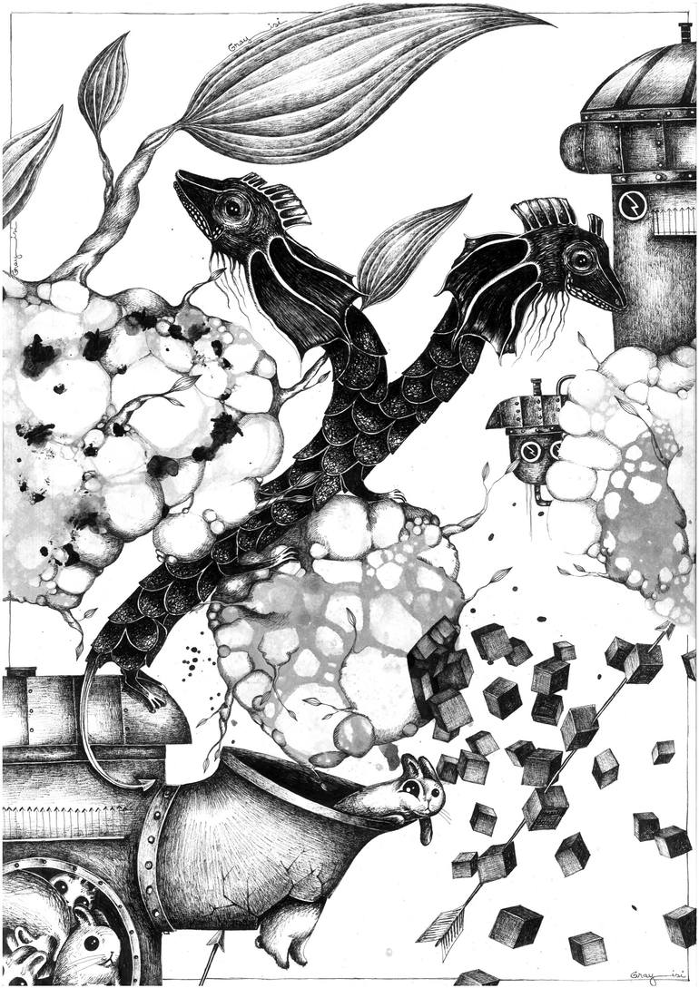 "Factory workers" - Ballpoint pen figurative surreal creature art Original Drawing by gray isi