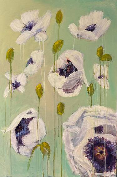 White poppies in a field thumb