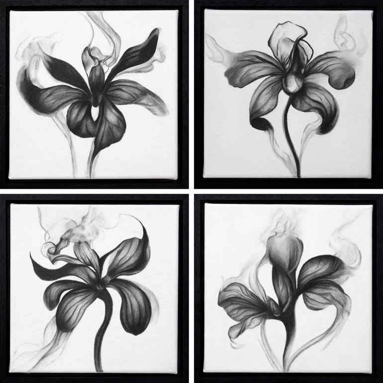 Smoky orchids, charcoal on linen canvases