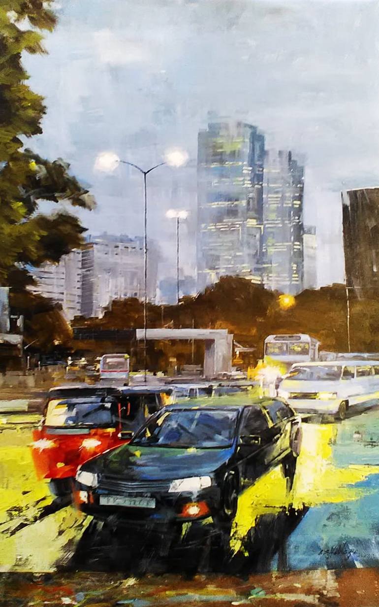 Original Landscape Painting by Ishan Hewage | Art Deco Art on Canvas | Night in the City