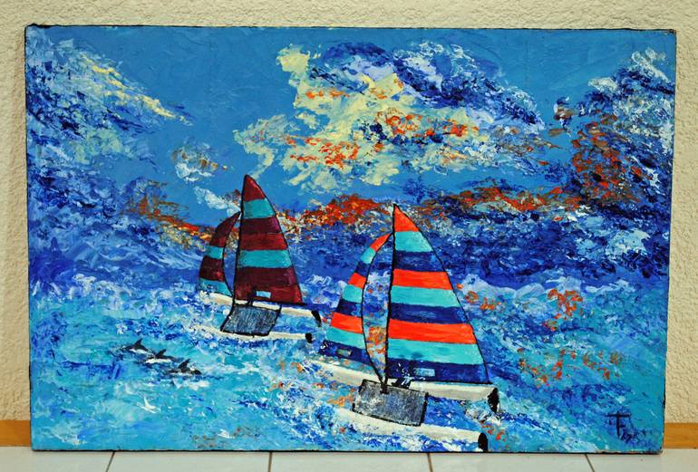 Original Sailboat Painting by Tera Fujan