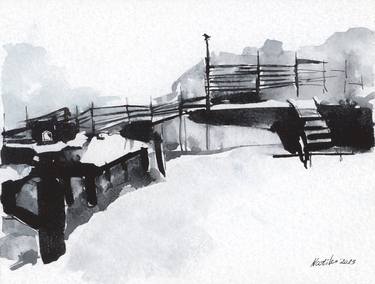 Landscape #21, drawn using ink and watercolor thumb