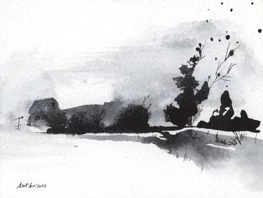 Landscape #22, drawn using ink and watercolor thumb