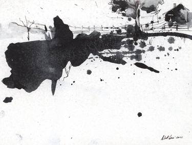 Landscape #23, drawn using ink and watercolor thumb