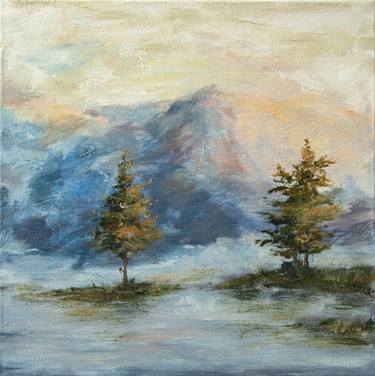 TREES. Canvas 1. 40x40 oil painting, landscape oil painting, abstract painting, blue and beige color, print, painting as a gift, mountains, home and office decor, save the nature, love the mountains thumb