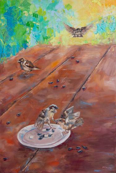 AFTER A PICNIC. Canvas 2. 40x60 oil painting, figurative, fine art painting, birds, plastic, ecology themes, save the nature, love the nature, birds life, multicolor, green color, red color, picnic, life, yellow color, print thumb