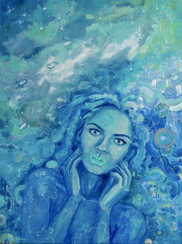 I LOOK FROM THE DEPTHS, 80x60 woman portrait oil painting, acrylic painting, mixed media, blue shades, sea, ocean, home and office decor, portrait, texture painting, print, conceptual, white, azure, blue colors, abstract expressionism, blue abstract, fine art thumb