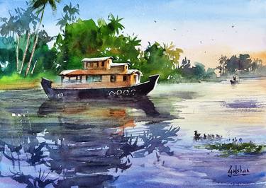 Original Impressionism Boat Painting by Gulshan Achari