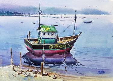 Original Minimalism Boat Painting by Gulshan Achari