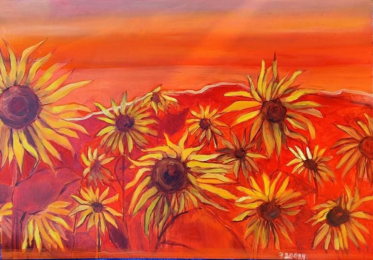 Original Floral Painting by Inta Gloda | Conceptual Art on Pressed Cardboard | The middle of sunset liminal