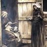 A composition of two women in the doorway caught in a conversation, sometime in the victorian era. This is one of a series of paintings depicting situations and people from the late 19th century.