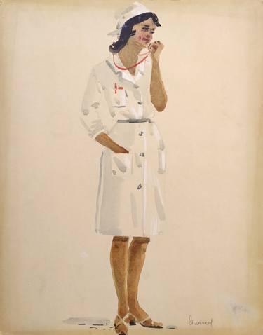 Original vintage, watercolor on cardboard, portrait, "Nurse", by Olena Yablonska (1918 – 2009), Ukrainian painter thumb