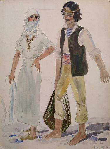 Original vintage, watercolor on cardboard, figurative art, "Eastern motive", by Olena Yablonska (1918 – 2009), Ukrainian painter thumb