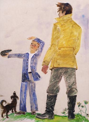 Original vintage, watercolor on cardboard, figurative art, "Father and son", by Olena Yablonska (1918 – 2009), Ukrainian painter thumb