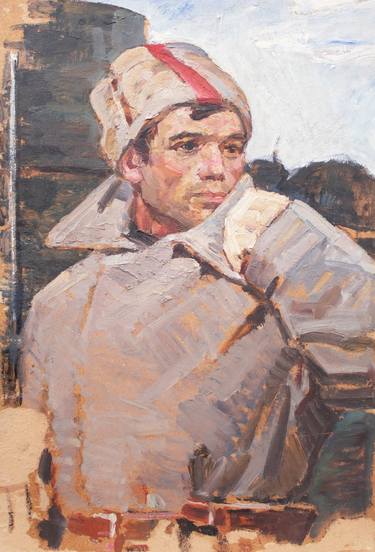 Original vintage, oil on cardboard, Portrait painting, "Portrait of a White Guard", by Unidentified Artist thumb