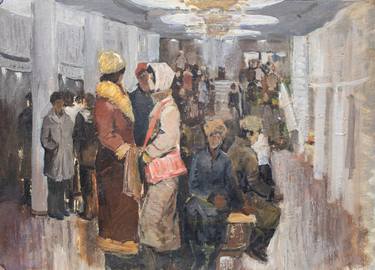 Original vintage, oil on cardboard, Figurative art painting, "In the lobby of the theater", by Unidentified Artist thumb