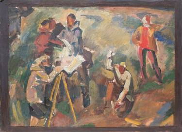 Original vintage, oil on cardboard, Figurative art painting, "Surveyors at work", by Unidentified Artist thumb