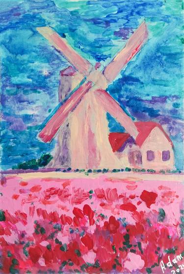 Netherlands  Windmill in a field of tulips thumb