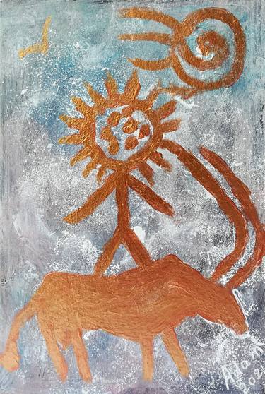 Saatchi Art Artist Svetlana Adamenko; Paintings, “Petroglyph Sun-head god riding a bull” #art