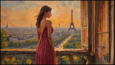 A Girl and Paris view - 36 X 60 inch wide thumb