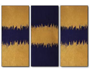 3 Panel Abstract - Gold and Navy Blue thumb