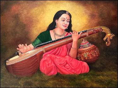 Beautiful Indian Lady with Veena - Traditional Indian Art thumb
