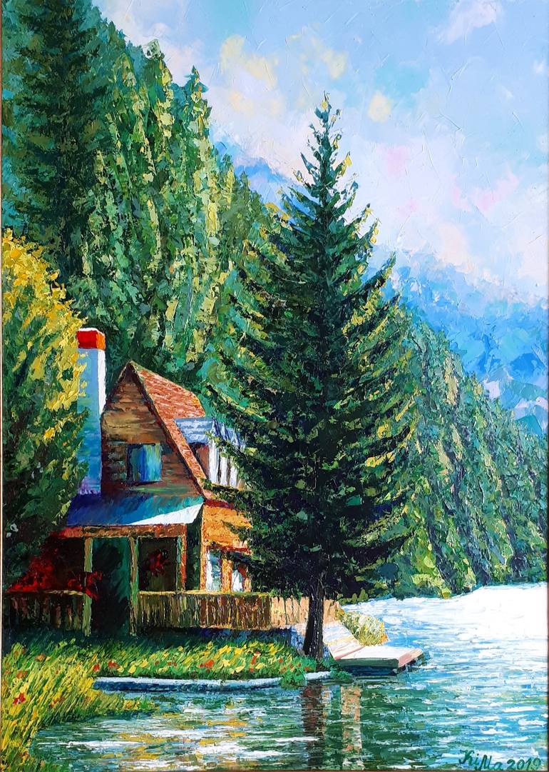 Forest Lake House Painting by Marina Kirillova | Saatchi Art