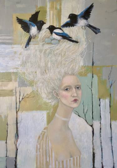 Conceptual oil painting girl with a birds thumb