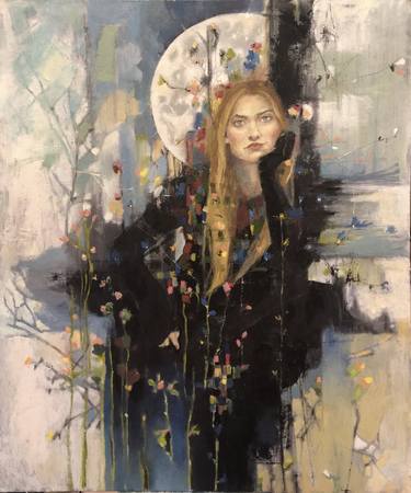 Conceptual oil painting for interior girl and moon thumb