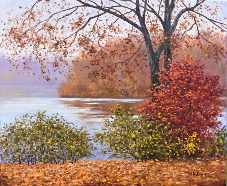 Original Landscape Painting by Yulia Nikonova | Contemporary Art on Canvas | Autumn Day at the Lake