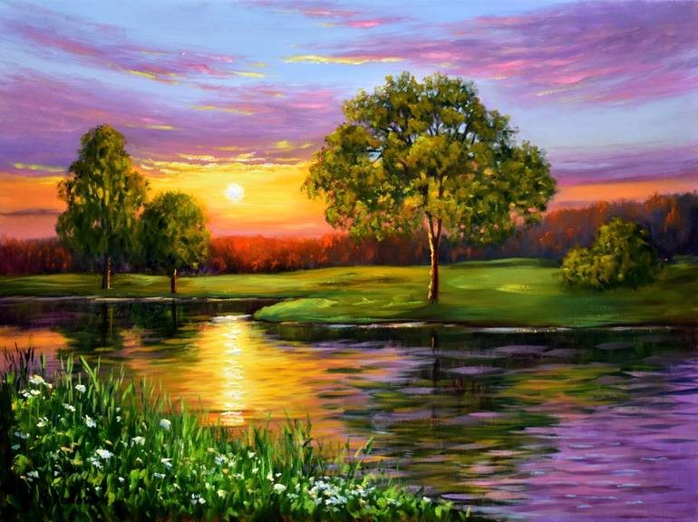 Round Canvas Wall Art Painting Titled: Still lake at dusk, Sizes Available