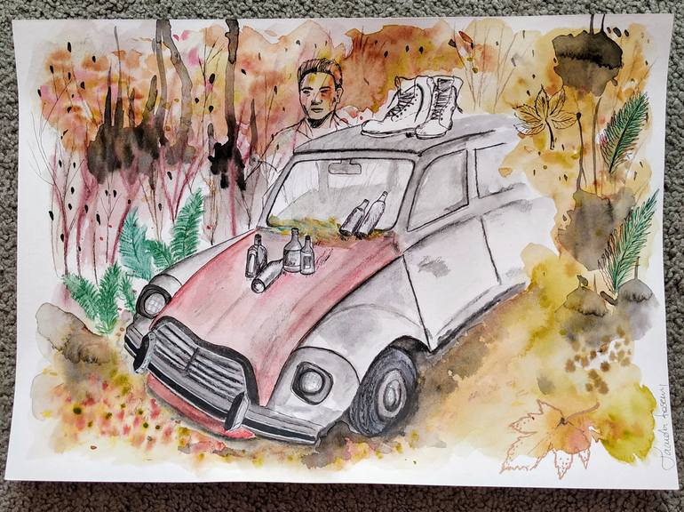 Original Abstract Expressionism Car Drawing by Tamara Kasemi