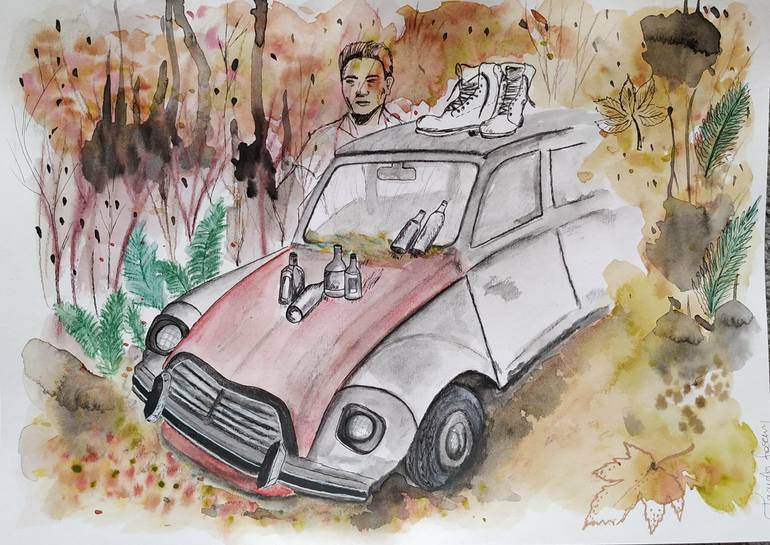 Original Abstract Expressionism Car Drawing by Tamara Kasemi