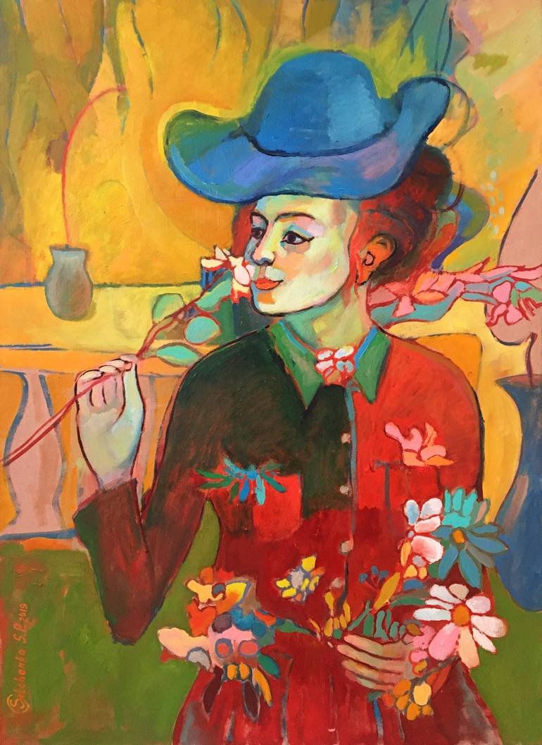 Girl in blue hat Painting by Serhii Silchenko Saatchi Art