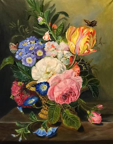 copy of the painting by Cornelis Van Spaendonk " Still life with a parrot tulip, rose and other flowers" thumb