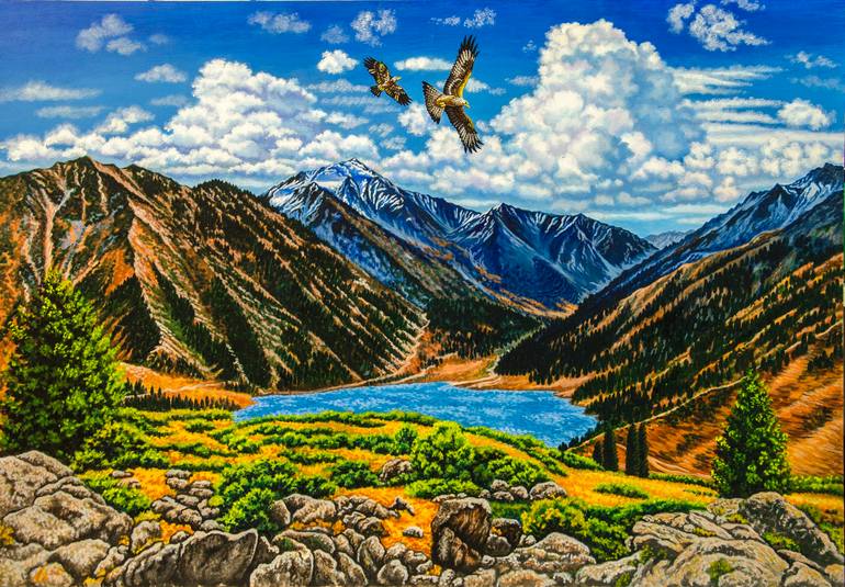 Original Landscape Painting by Alexandra Larina Satori | Other Art on Wood | "The Great Lake Almaty in the Tian Shan Mountains"