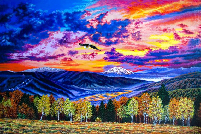 Original Landscape Painting by Alexandra Larina Satori | Realism Art on Wood | Sunset over the Western Carpathians