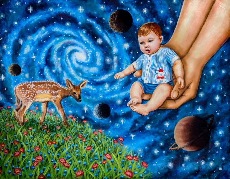 Original Children Painting by Alexandra Larina Satori | Conceptual Art on Canvas | The birth of a child is a gift from the Universe
