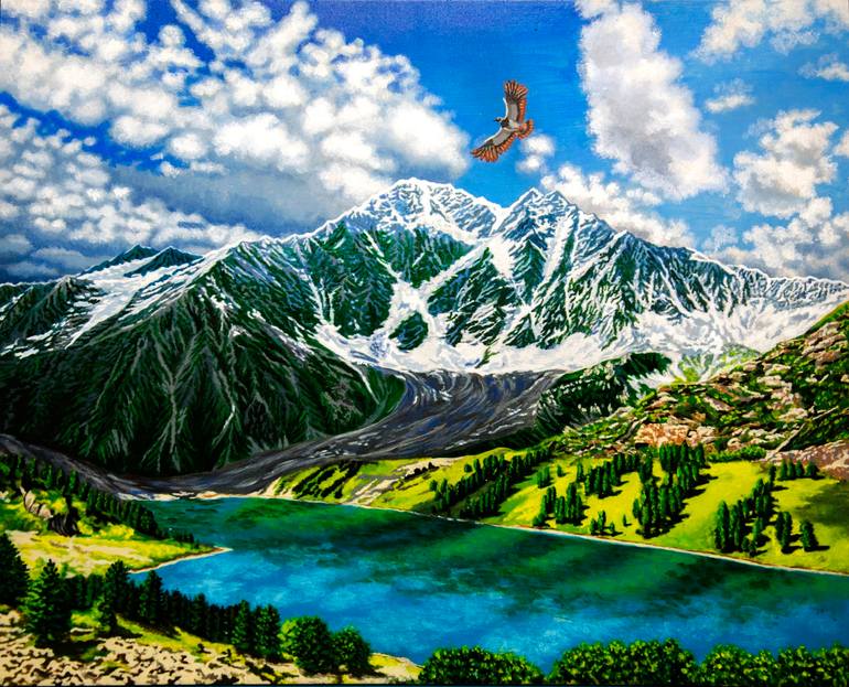 Original Landscape Painting by Alexandra Larina Satori | Contemporary Art on Wood | A lake at the foot of high snow-capped mountains
