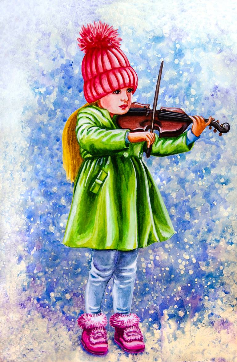 Original Children Painting by Alexandra Larina Satori | Contemporary Art on Paper | Little girl playing violin in the snow