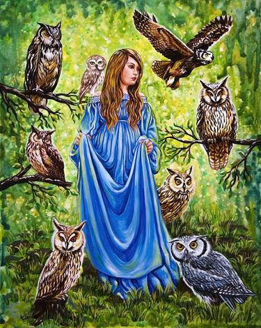 A girl in a forest full of owls thumb