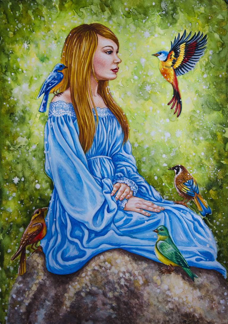 blue dress with birds Amanda 50s Style Blue Bird Forest Dress